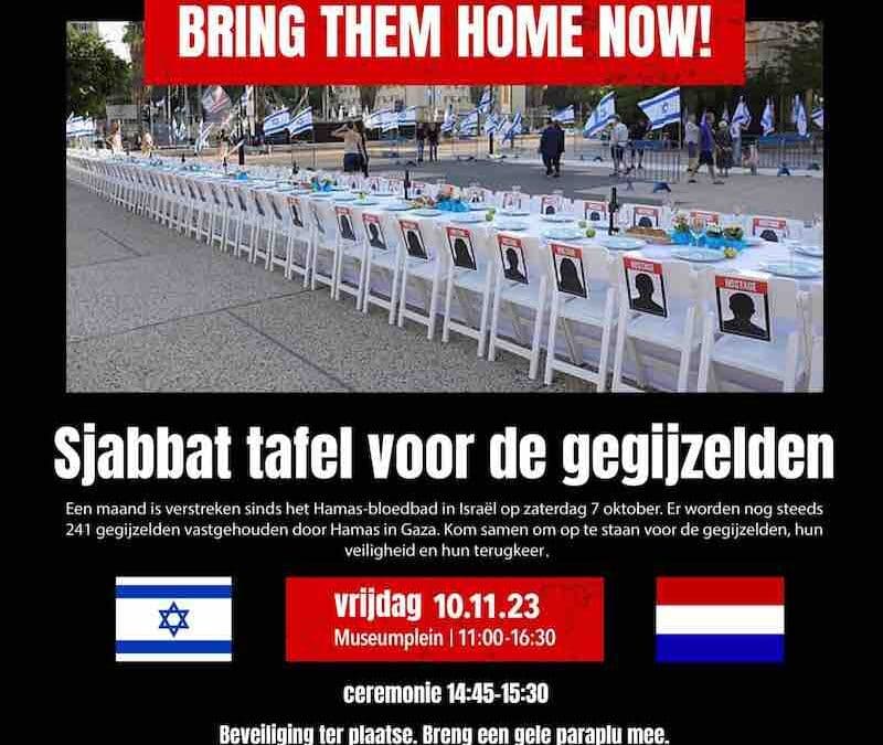“Breng ze NU thuis!” Shabbat-tafel op het Museumplein op 10 november